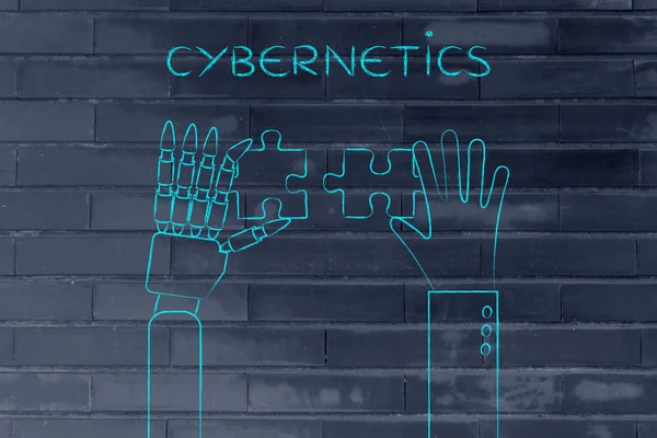 Human and robot hands solving a puzzle, cybernetics