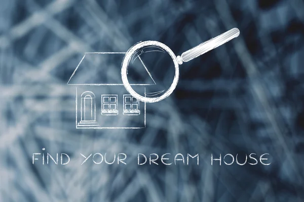 Magnifying glass analyzing a home, find your dream house