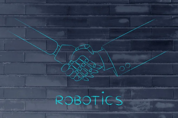 Man and robot shaking hands, robotics