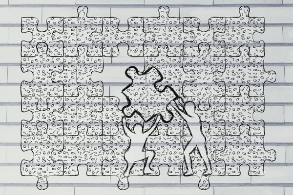 Men lifting piece of puzzle with messy binary code to fill a gap