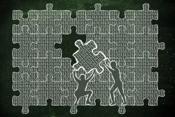 Men lifting piece of puzzle with binary code to fill a gap