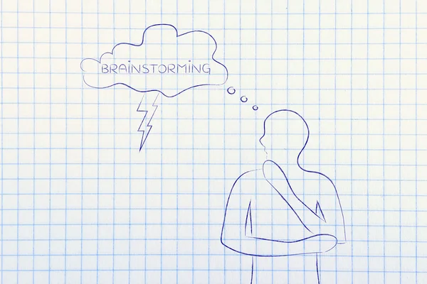 Brainstorming man with lightning bolt out of thought bubble