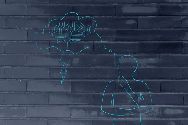 Man with stormy brain thought bubble, concept of brainstorming