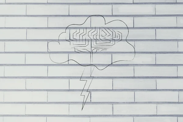 Stormy cloud with brain and bolt, concept of brainstorming