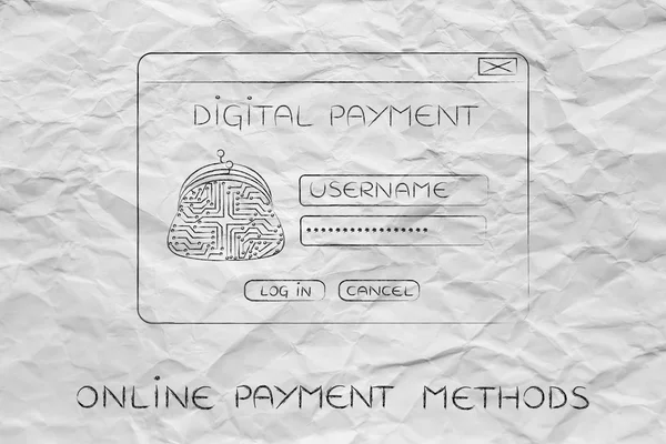 Digital payment login pop-up with electronic circuit coin purse