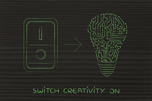 Idea lightbulb made of electronic circuits with switch on