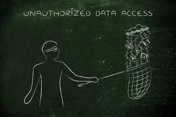 Masked man stealing files from a cloud with lock & chain, data t