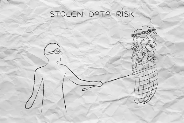 Masked man stealing files from a cloud with lock & chain, data t
