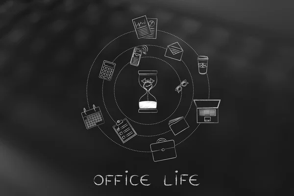 Hourglass with melting clock & office objects, productivity conc