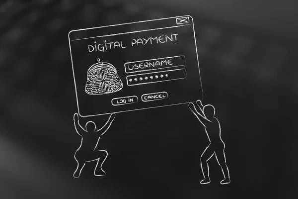 Men lifting pop-up with digital wallet, setup a virtual payment