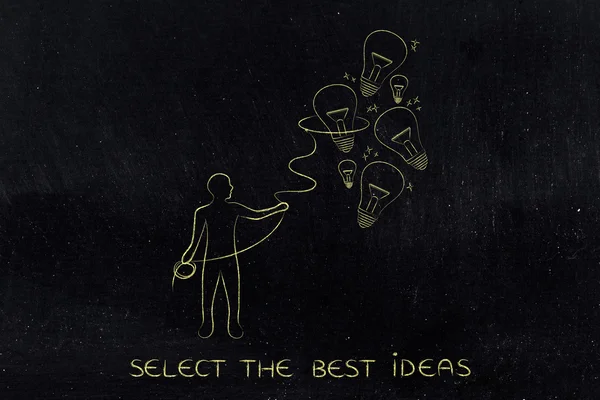 Person collecting lightbulbs (ideas) with a lasso, creativity co