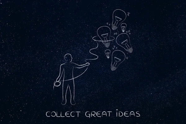 Person collecting lightbulbs (ideas) with a lasso, creativity co