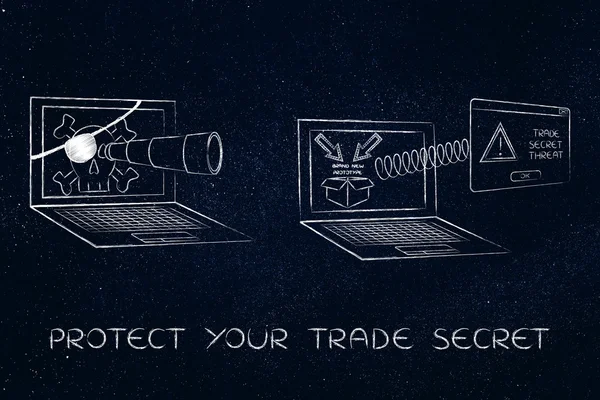 Laptop with with telescope spying on trade secrets, alert pop-up