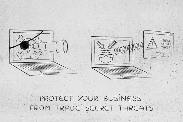 Laptop with with telescope spying on trade secrets, alert pop-up