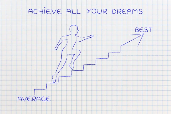From average to best, man climbing stairs metaphor