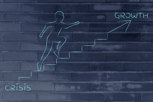 From crisis to growth, man climbing stairs metaphor