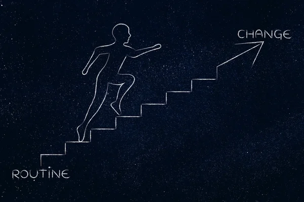 Routine or change, man climbing stairs metaphor