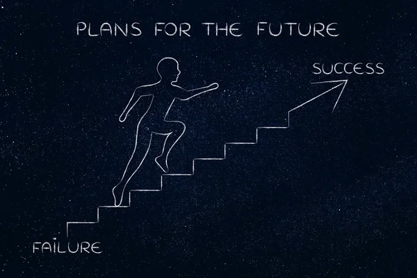 From failure to success, man climbing stairs metaphor