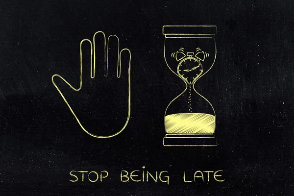 Hourglass with melting clock and hand making a stop gesture