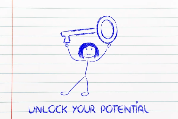 Girl holding oversized key, unlock your potential