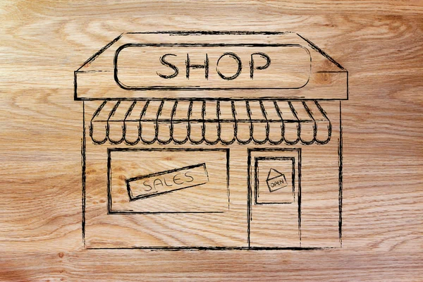 Funny illustration of small corner shop