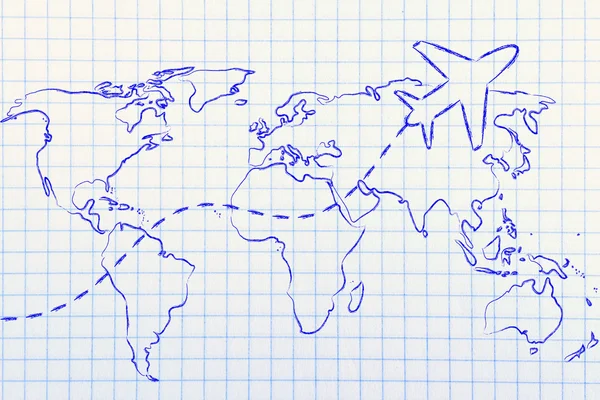 Travel industry: world map with airplane routes