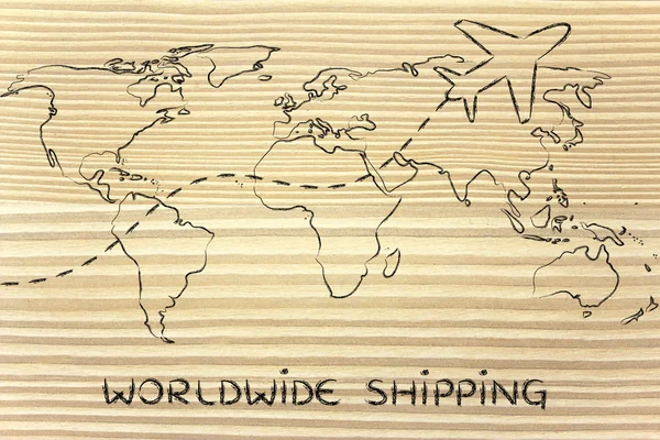Worldwide shipping: world map with airplane routes
