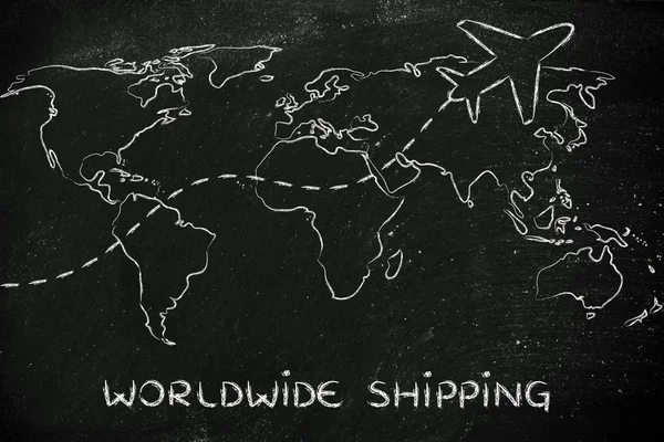 Worldwide shipping: world map with airplane routes