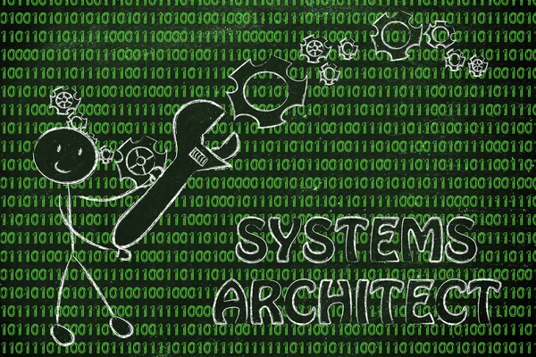 Man with wrench setting up binary code