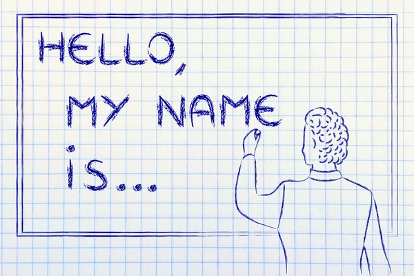Teacher writing on blakboard: Hello, my name is...