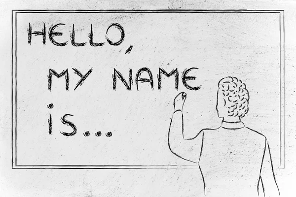 Teacher writing on blakboard: Hello, my name is...