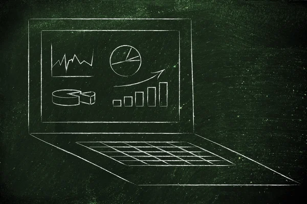 Computer with graphs and stats for data analysis