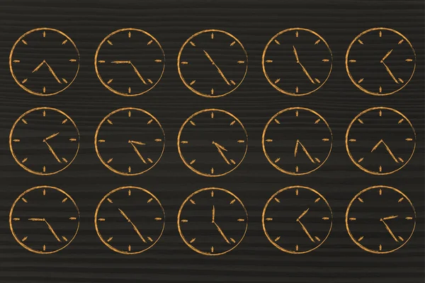 Series of clocks showing time passing by