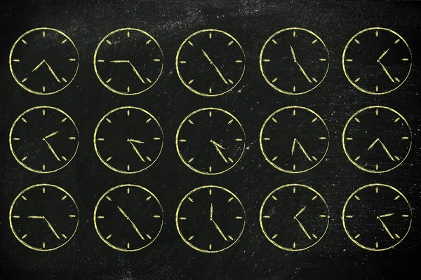 Series of clocks showing time passing by