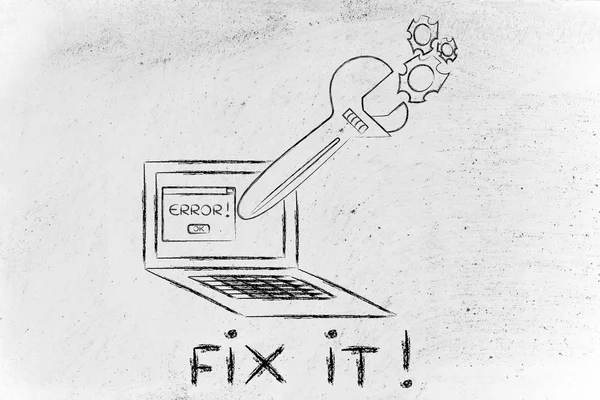 Fix it! oversized wrench repairing a computer