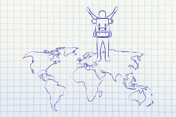 Backpacker rejoicing over world map