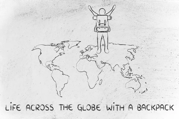 Backpacker over world map, life across the globe