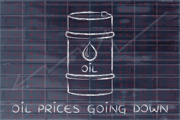 Oil barrel on stock exchange background, with text Prices going