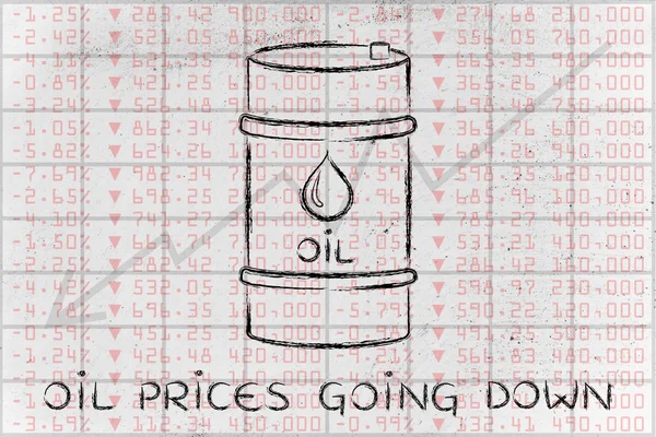 Oil barrel on stock exchange background, with text Prices going