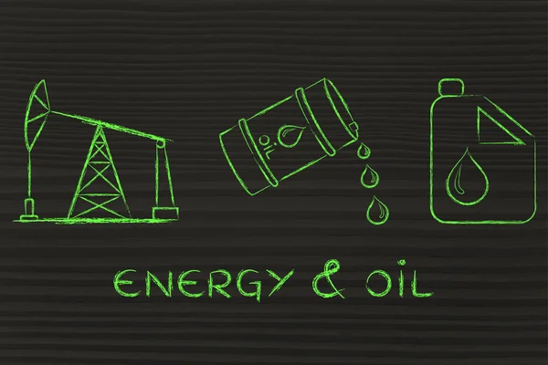Pump jack, barrel, tank with text Energy & oil