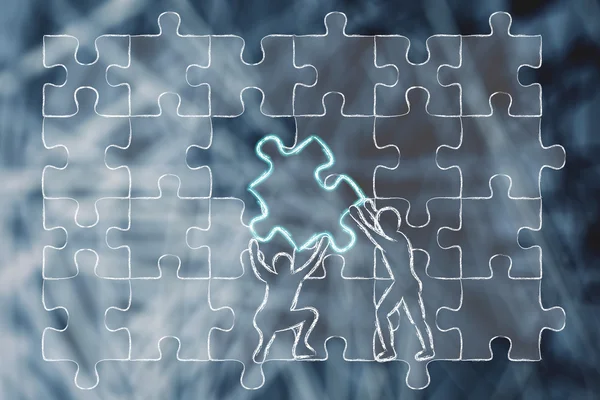 Men completing a jigsaw puzzle with the missing piece