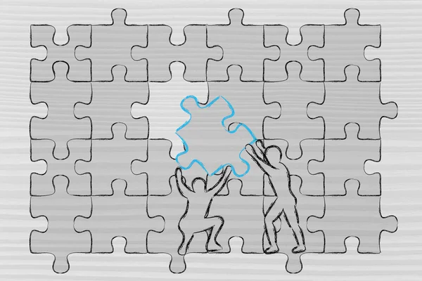 Men completing a jigsaw puzzle with the missing piece