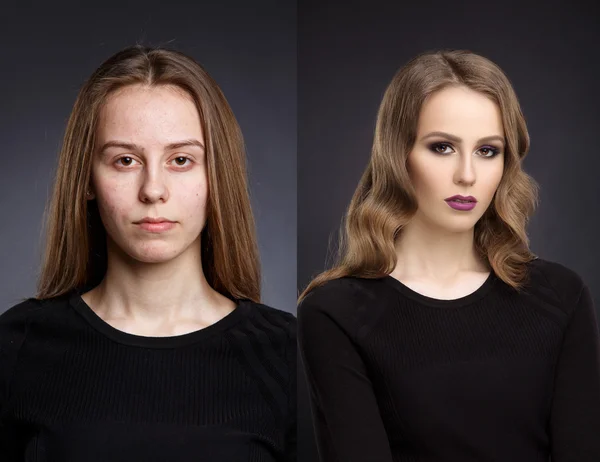 Comparison two portraits before and after makeup and retouch