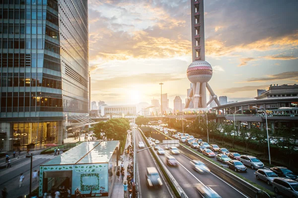 Shanghai city scape in sunset time. Modern enviroment.