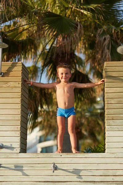 Cute little boy in swimming trunks posing under palm