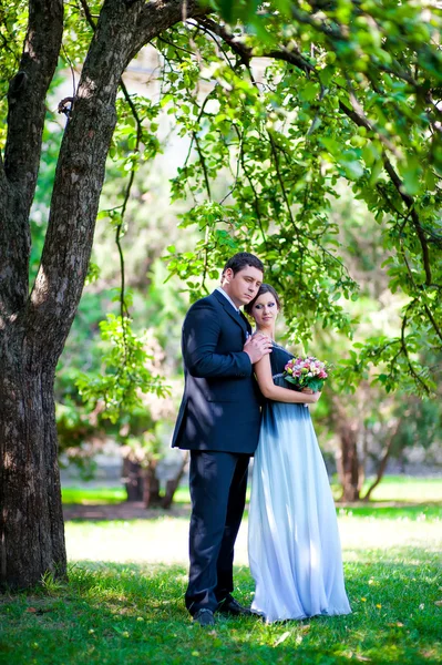 Bride and groom outdoors park under trees