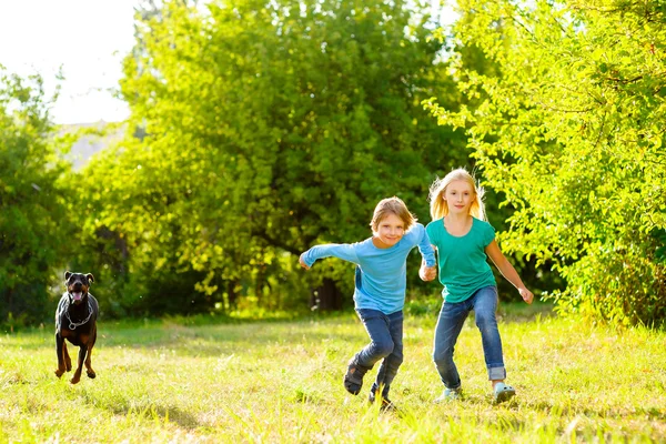 Boy and a girl running away from dog or doberman in summer park