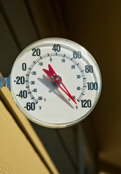 Outdoor thermometer showing unusually hot summer temperature.