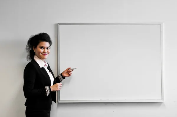 Business woman present with draw board on white background