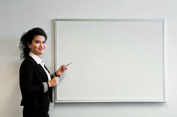 Business woman present with draw board on white background